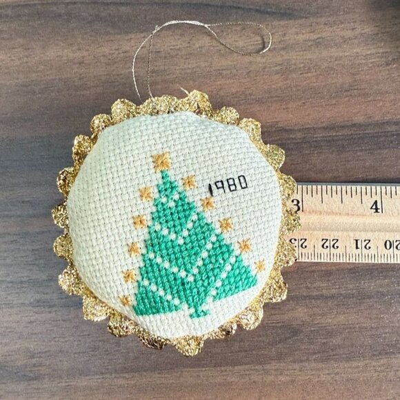 Vintage 1980 Cross-Stitch Christmas Ornaments Set Of 3 Gold Trim Candle Angel Tr - Picture 8 of 9